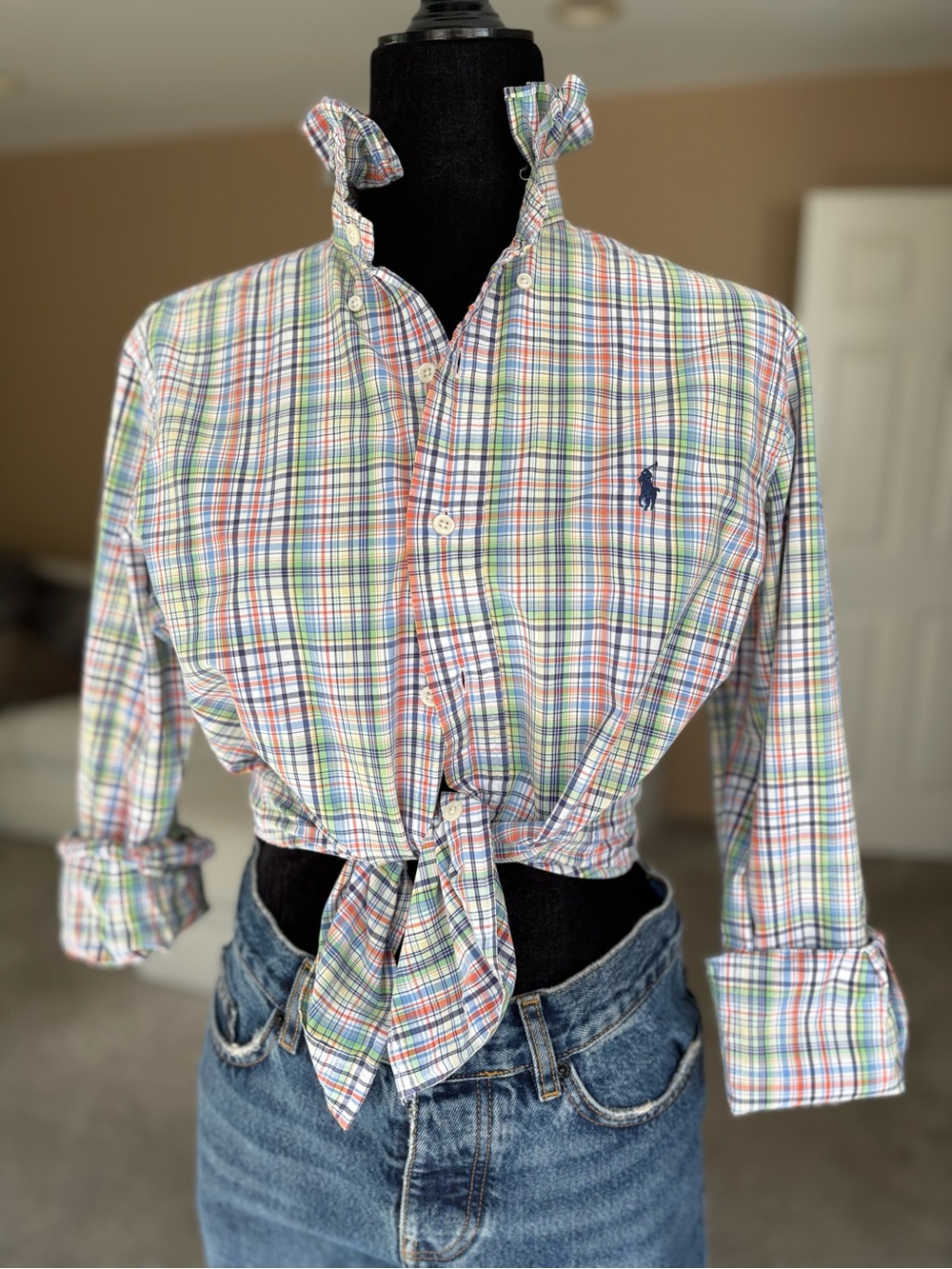 Reworked Ralph Lauren Pastel Multi-Color Plaid Button Down Shirt Size S